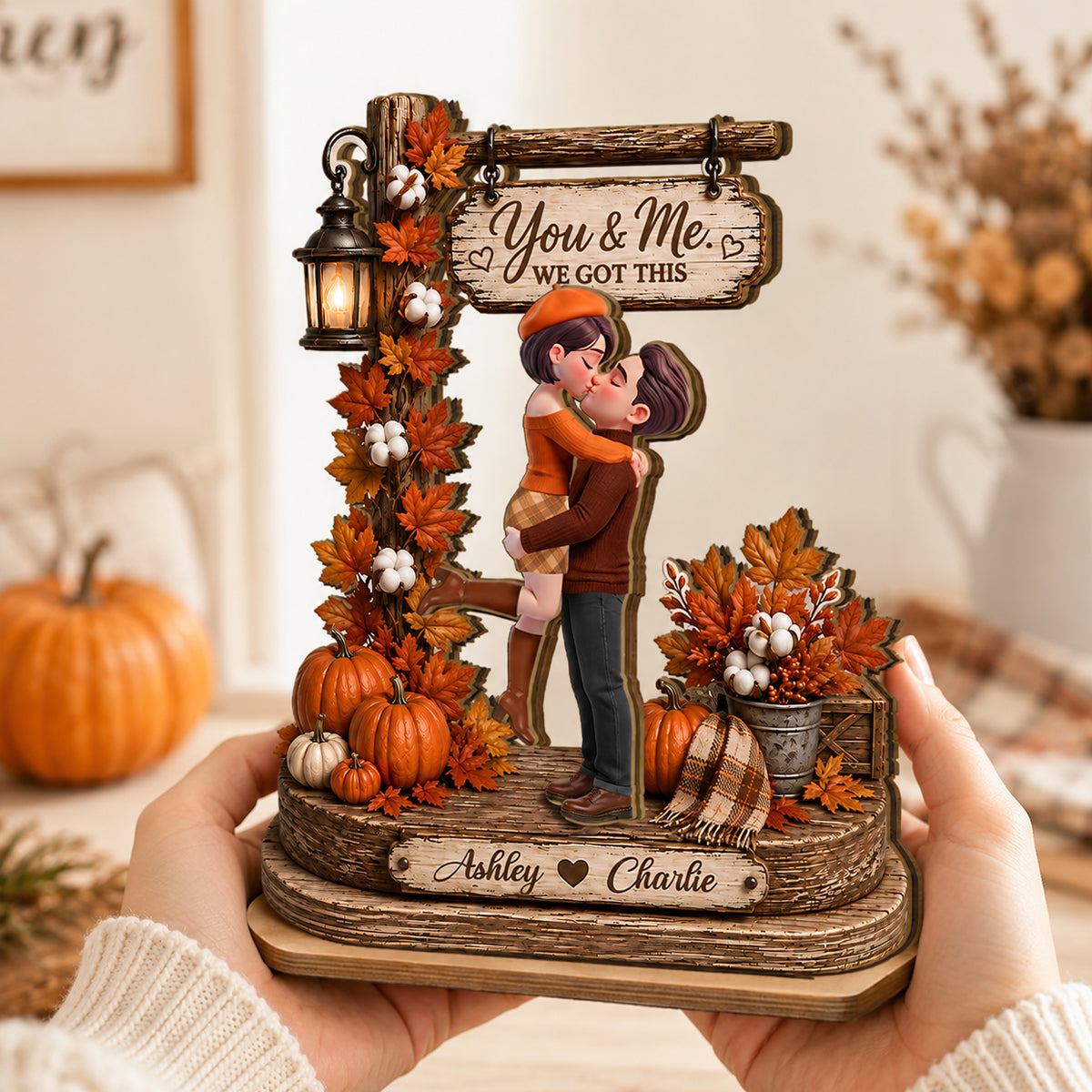 Couple Sitting On Rocking Chair Fall Season - Personalized 2-Layered Wooden Plaque - Fall Season Decor Gift, Gift For Couple