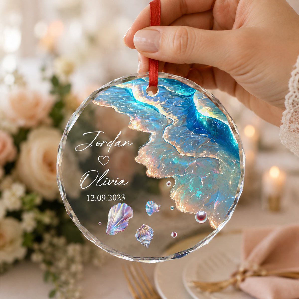Ocean Wave Custom Engagement Wedding Gift for Couple - Personalized Glass Ornament - Mermaid Tail Keepsake, Mr & Mrs Anniversary Present