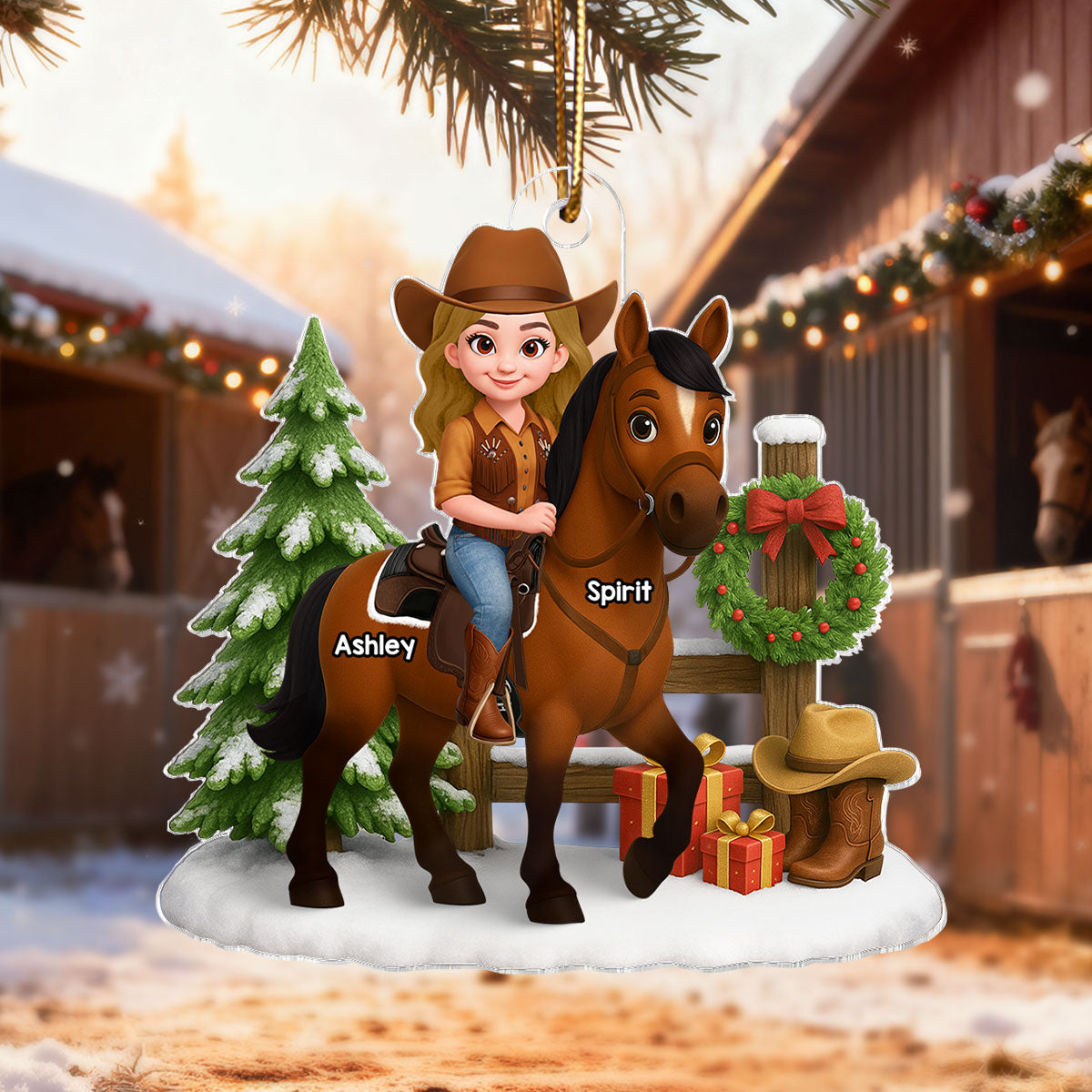 3D Effect Cowgirl and Her Horse Christmas - Personalized Acrylic Ornament