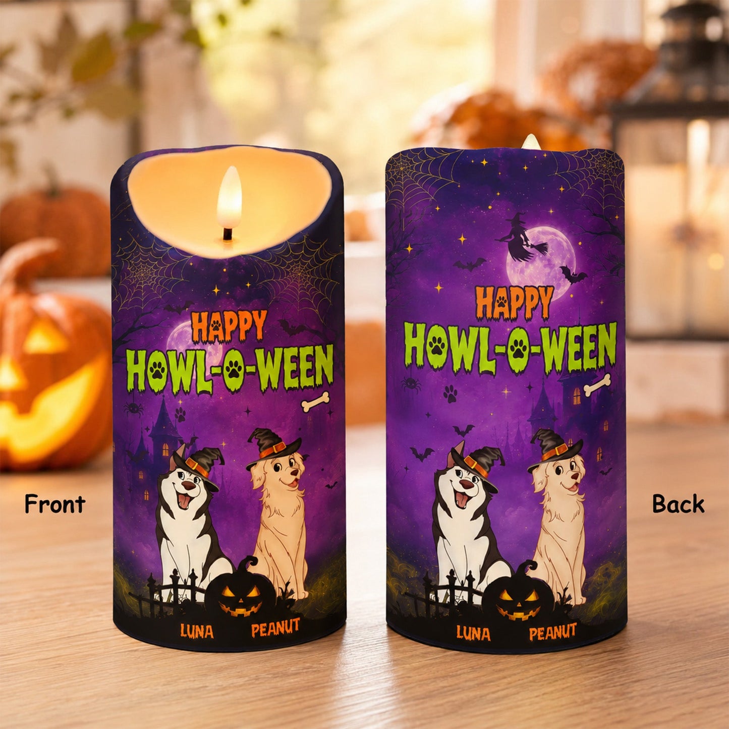 Dog Mom Happy Howloween Purple Magical Theme - Personalized LED Candle - Pawfect Halloween Decor for Dog Lover
