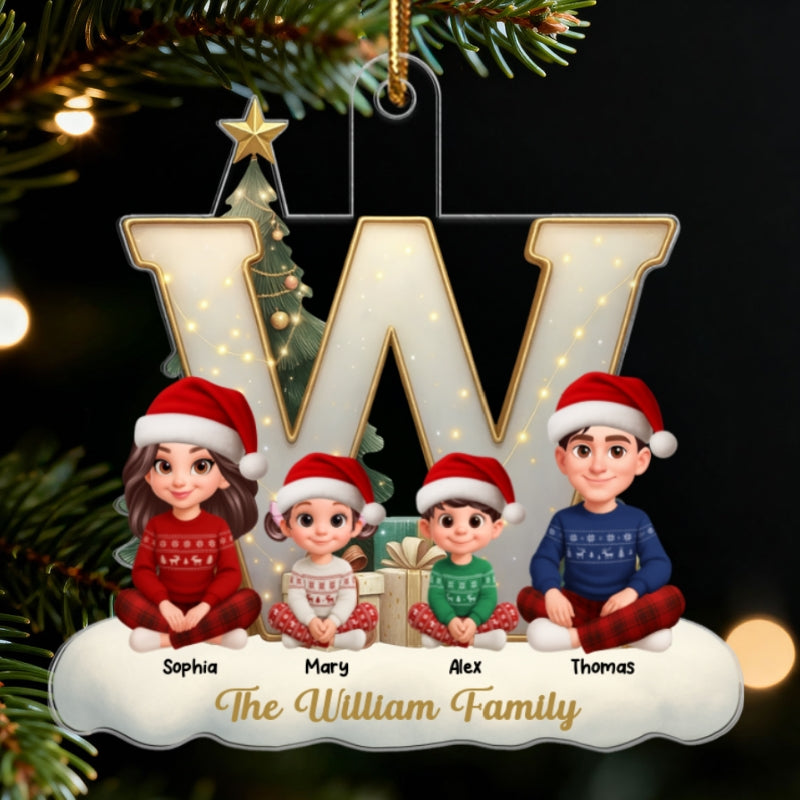 3D Effect Christmas Family Name Initial Beautiful Family Together - Personalized Acrylic Ornament - Gift For Family