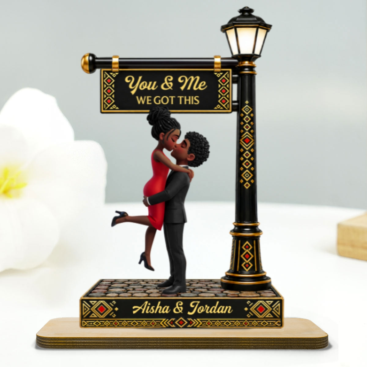 Everlasting Love Couple Together Tribal Pattern Lamp Post - Personalized 2-Layered Wooden Plaque - Anniversary Gift For Couple
