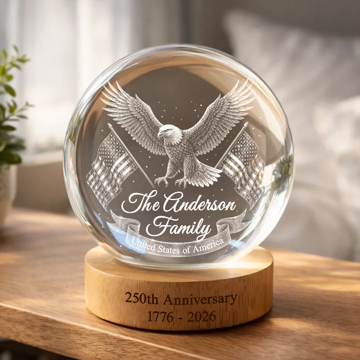 United States of America 250th Anniversary - Personalized Crystal Ball LED Night Light - Custom Family Name