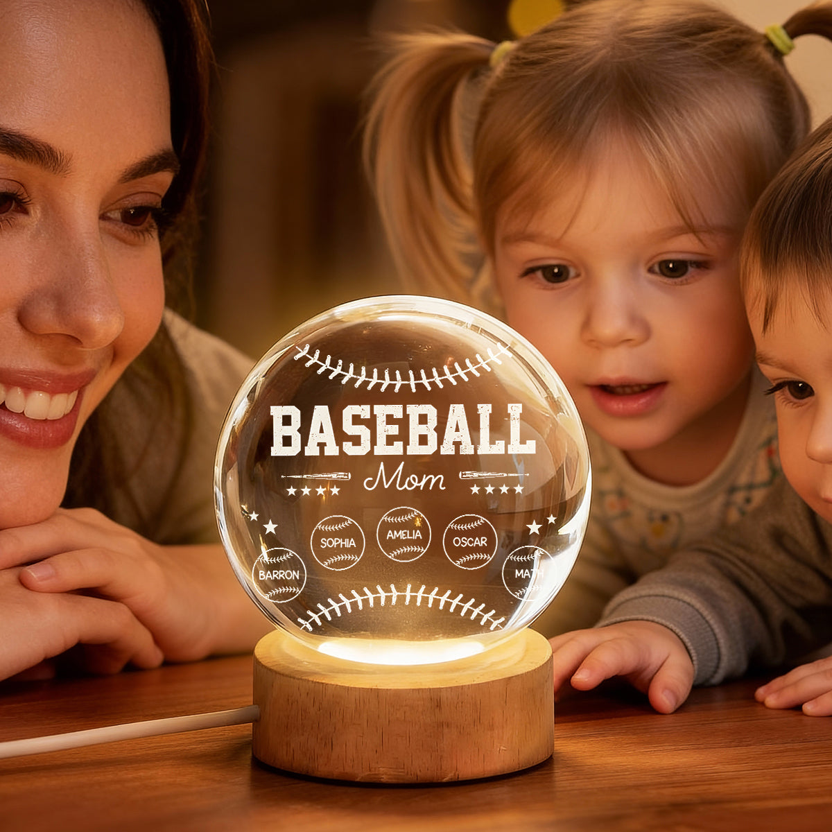 Baseball Mom And Kids Together - Personalized Crystal Ball LED Night Light - Mother's Day Gift For Baseball Mom, Gift For Wife