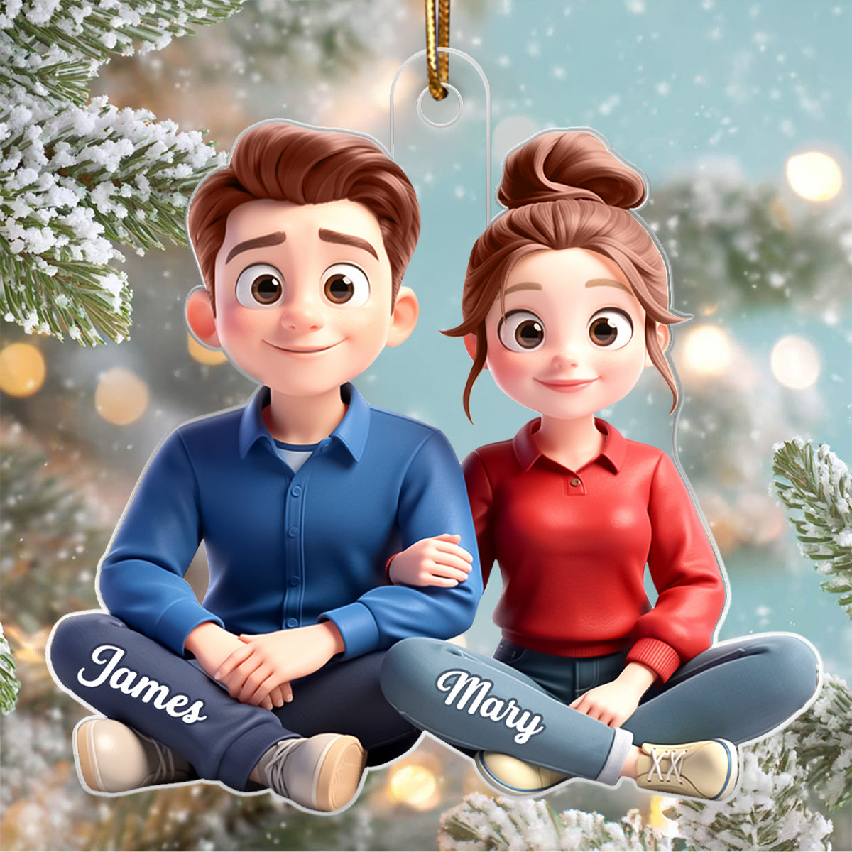 Cartoon Couple Sitting Together - Personalized Acrylic Ornament - Christmas Gift for him, Gift for her