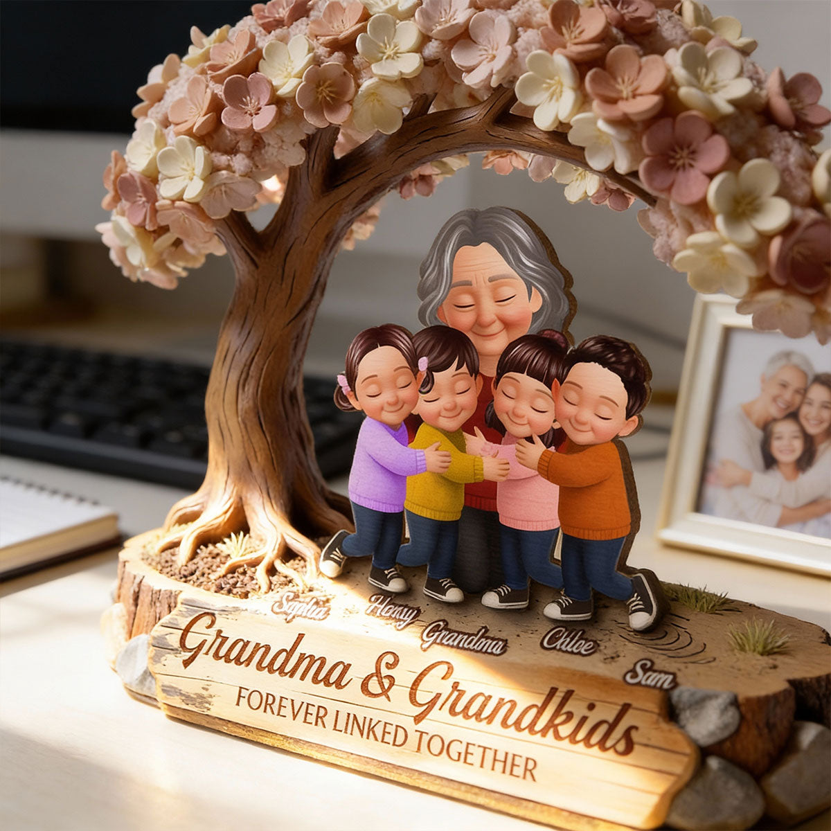 Grandma And Grandkids Under Blossom Tree - Personalized 2-Layered Wooden Plaque - Gift For Mom