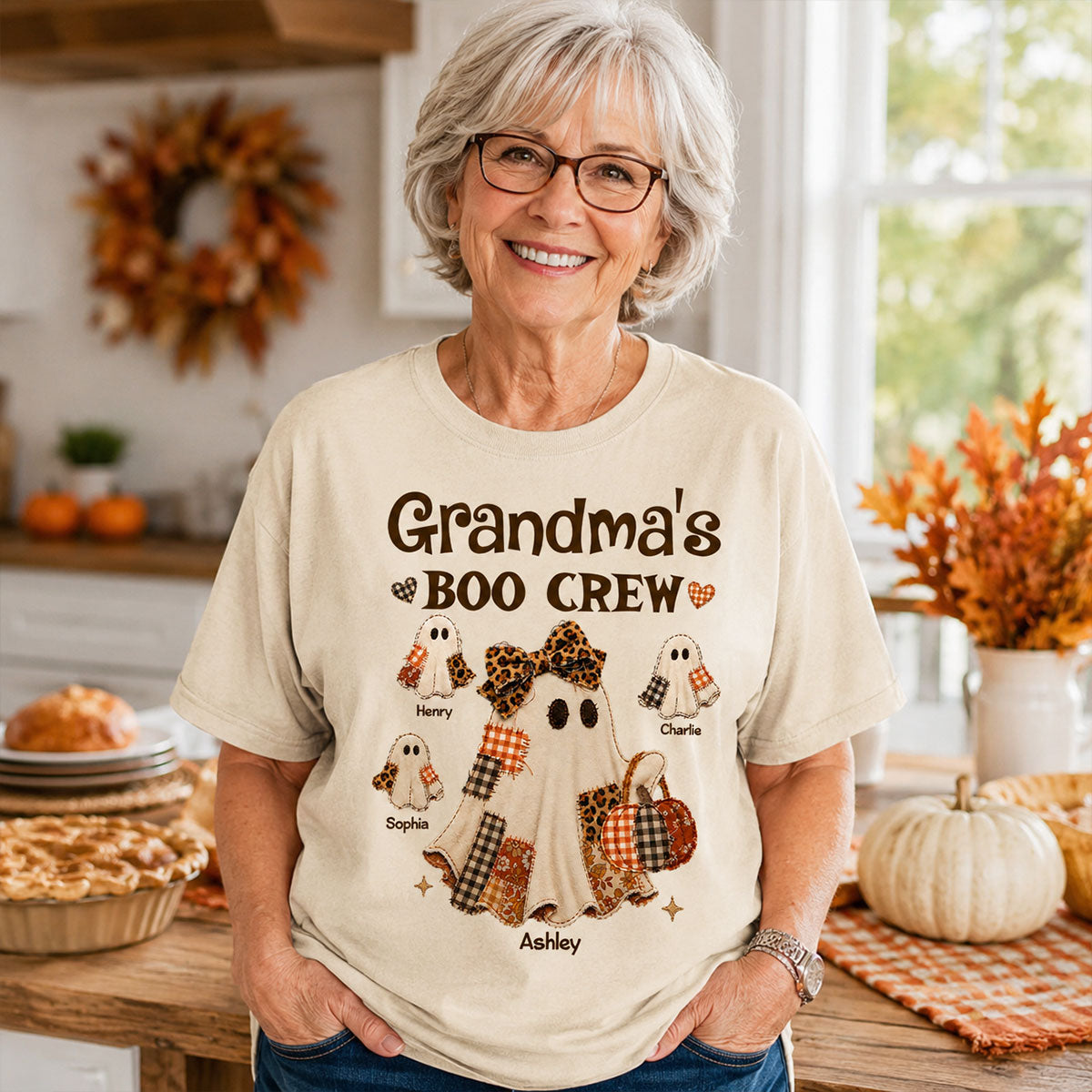 Grandma Fall Season Halloween Faux Patchwork Pattern Coquette - Personalized Shirt - Halloween Gift For Grandma