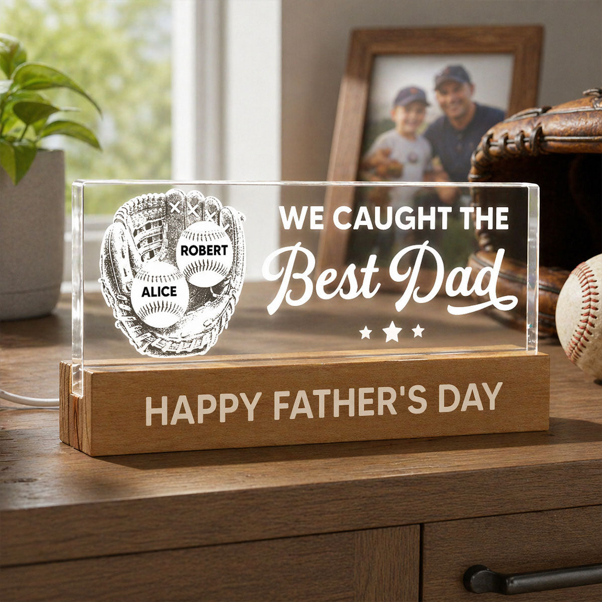 Baseball In Baseball Glove We Caught The Best Dad - Personalized Acrylic Block LED Night Light - Father's Day Gift For Baseball Dad