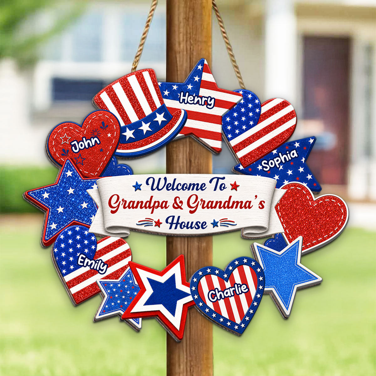 Welcome To Grandpa & Grandma House America 250th Anniversary - Personalized Wood Sign - 4th of July Decoration