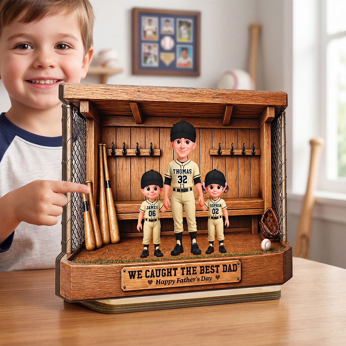 Baseball Dugout Dad And Kids We Caught The Best Dad - Personalized 2-Layered Wooden Plaque -  Gift For Dad