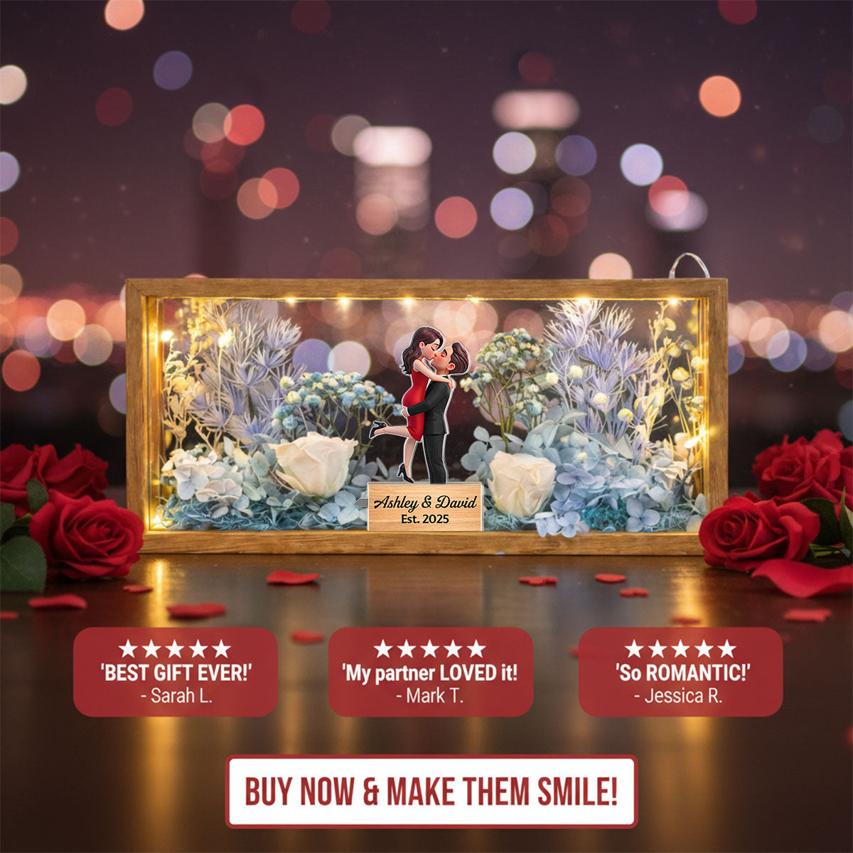 Romantic Couple Hugging Kissing - Personalized DIY Flower Shadow Box LED Night Light - Gift For Couple, For Him, For Her