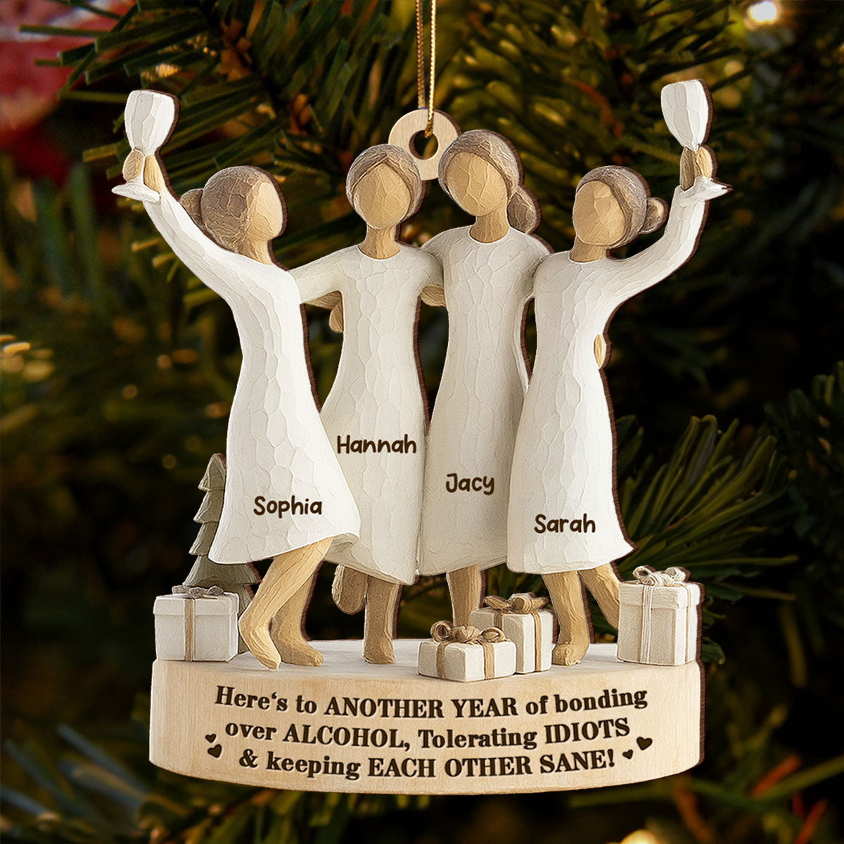 3D Effect Here's To Another Year Of Bonding - Personalized Wooden Ornament - Gift For Besties, Best Friends