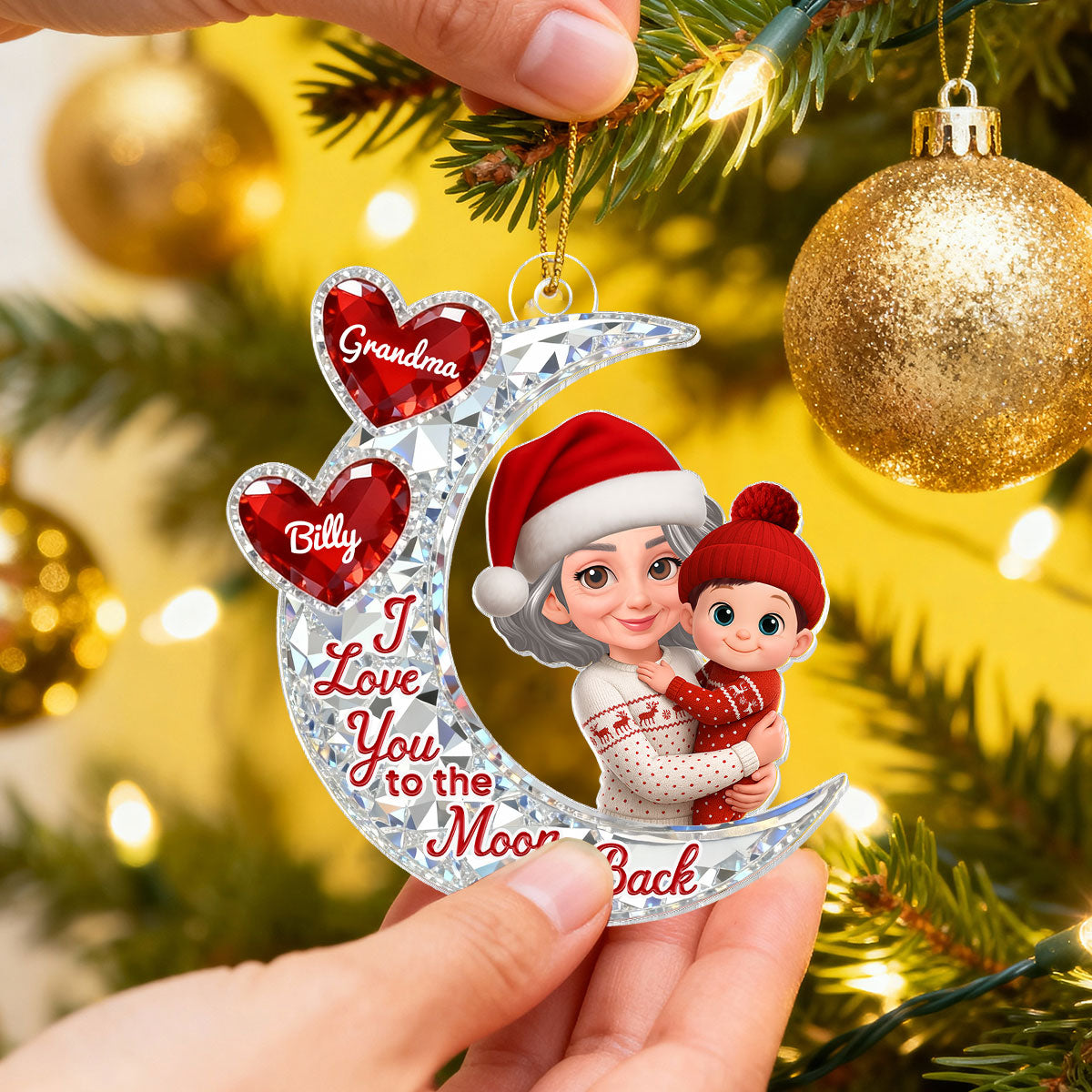 3D Effect Flat Moon Grandma Grandkid Love You To The Moon And Back - Personalized Acrylic Ornament - Christmas Gift For All Grandkids