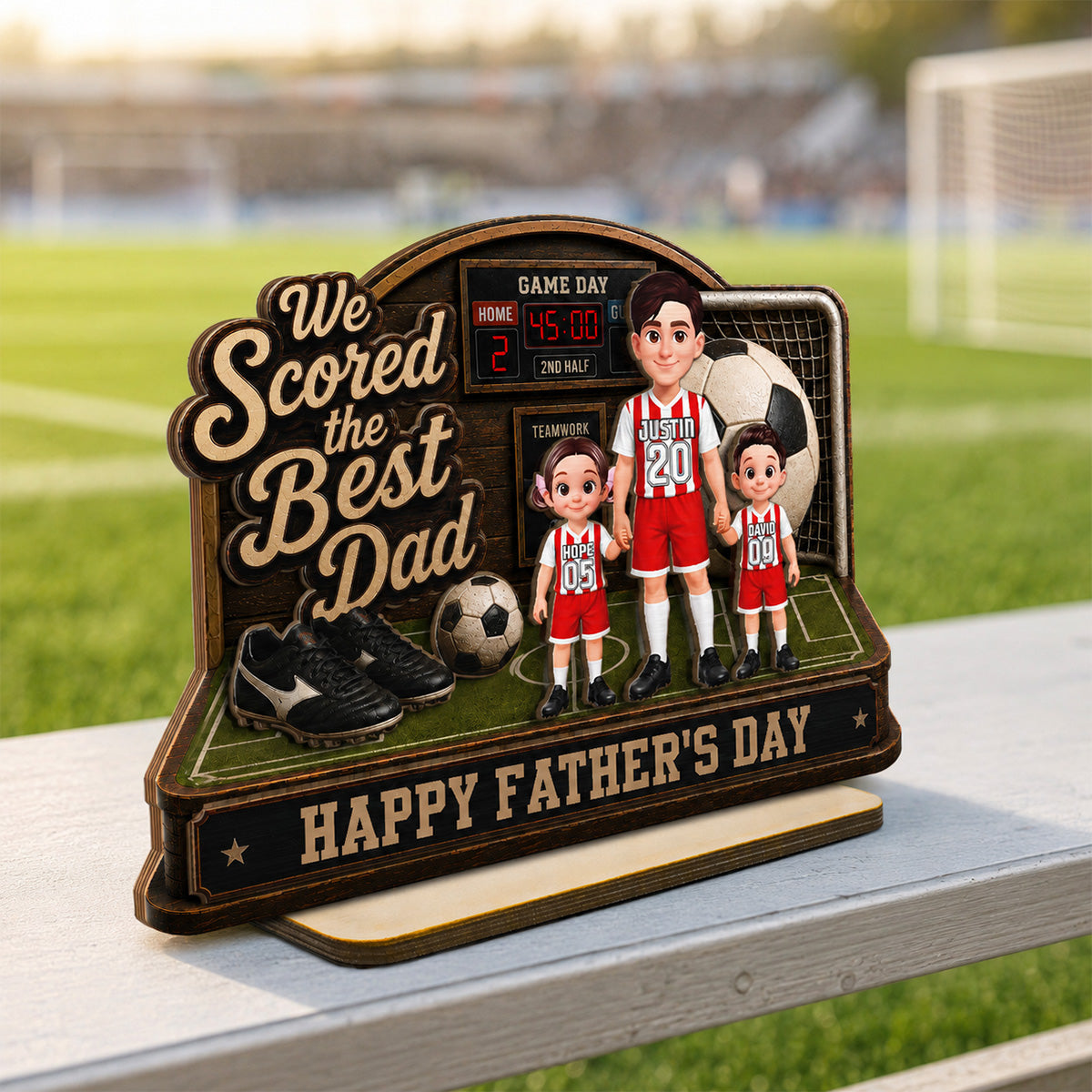 Soccer Dad & Kids On Court 2D Flat - Personalized 2-Layered Wooden Plaque -  Gift For Soccer Dad, UK Football Dad