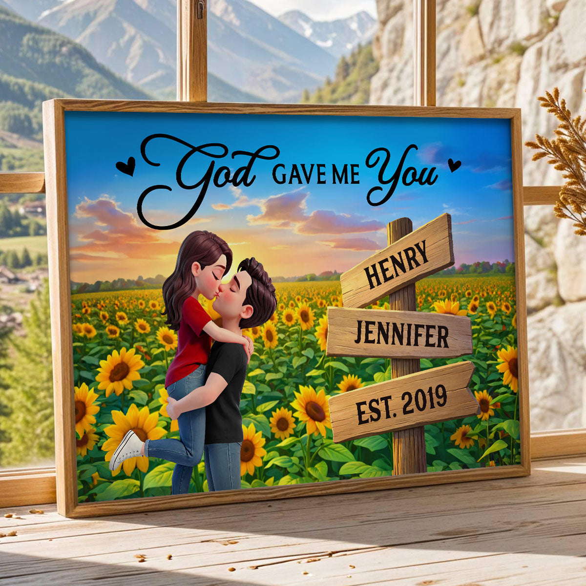 Eternal Love Couple Hugging Kissing Sunflower Field Sign Posts - Personalized Poster - Heartfelt Valentine, Anniversary Gift For Him, For Her