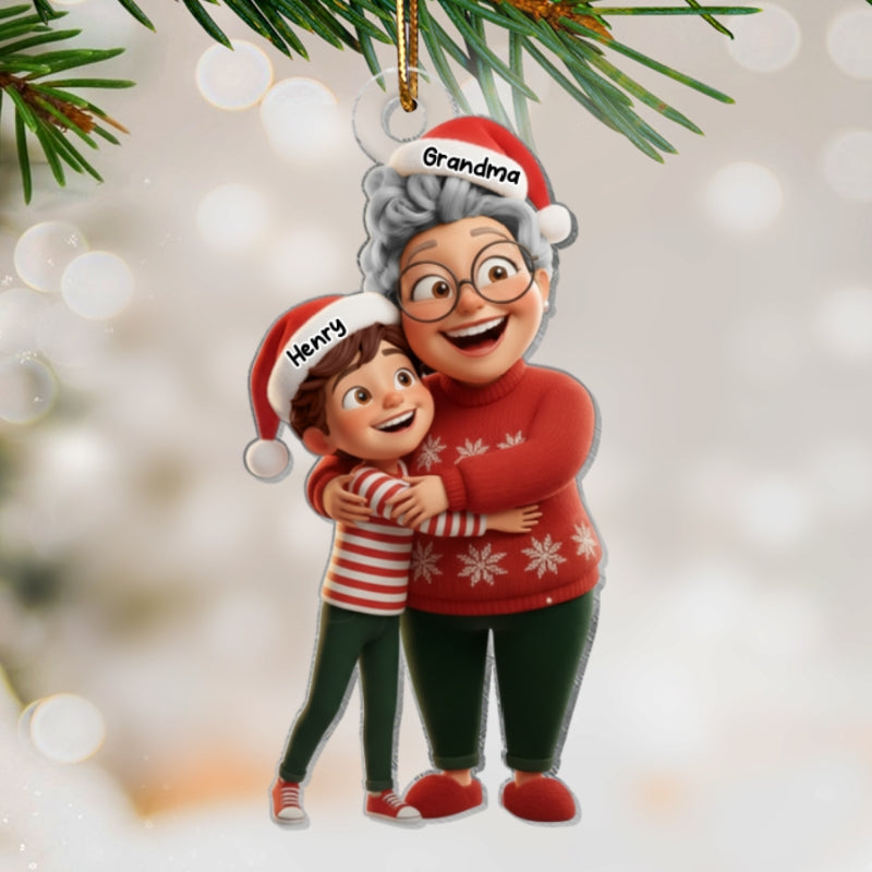 Happy Grandma Hugging Grandkid - Personalized Acrylic Ornament - Christmas Gift for Grandma, Grandkid