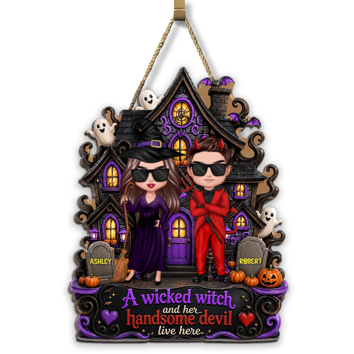 Halloween A Wicked Witch and Her Handsome Devil Live Here - Personalized Door Sign - Summerween Decor for Couples