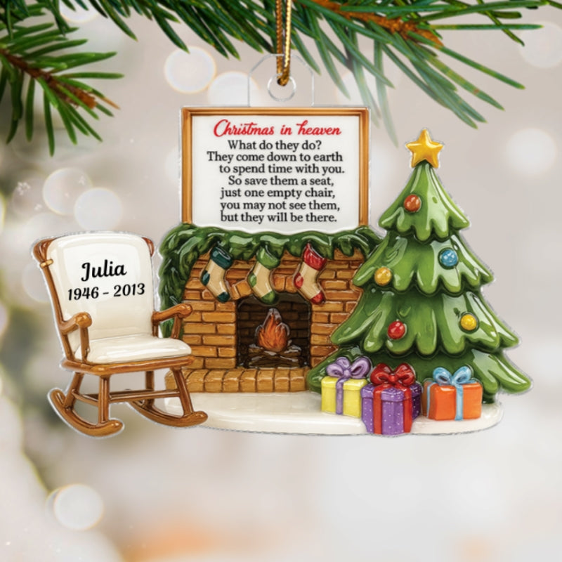 3D Effect Christmas In Heaven Chair At Fireplace - Personalized Acrylic Ornament - Christmas Memorial Keepsake For Family