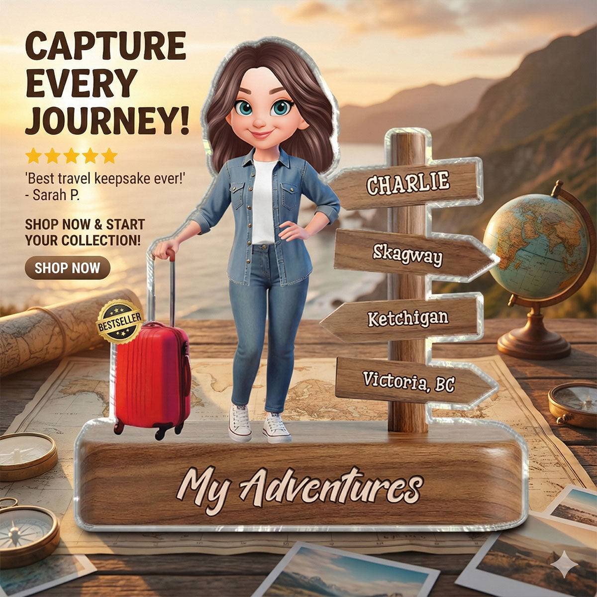 Man Woman Travel Adventures Traveling Destination 2D Flat - Personalized Acrylic Block Plaque - Gift for Travelers