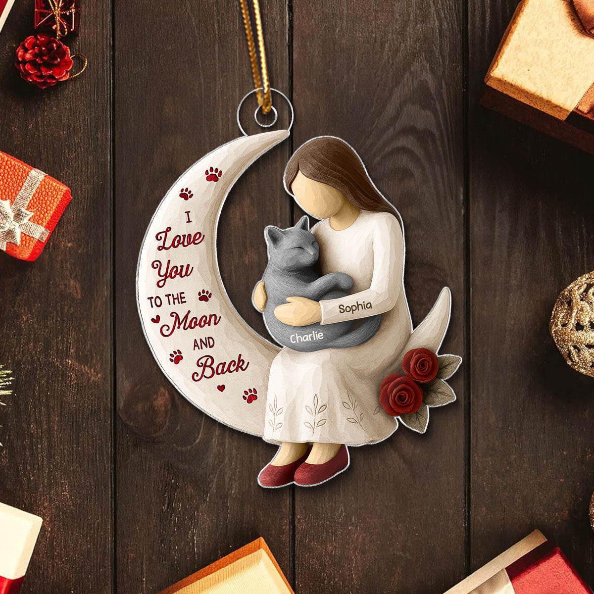 3D Effect Roses Wooden Texture Cat Mom On Moon - Personalized Acrylic Ornament - Christmas Gift For Cat Mom