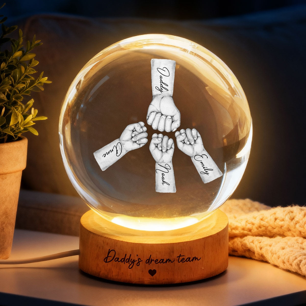 Daddy's Dream Team - Personalized Crystal Ball LED Night Light -  Gift for Dad, Husband