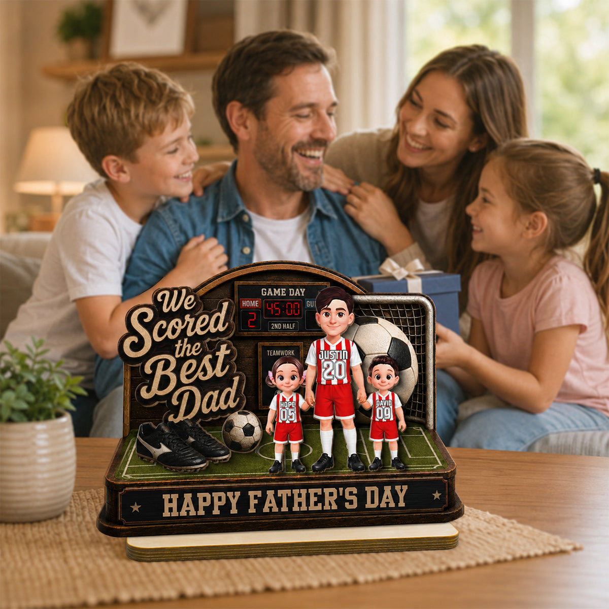 Soccer Dad & Kids On Court 2D Flat - Personalized 2-Layered Wooden Plaque -  Gift For Soccer Dad, UK Football Dad