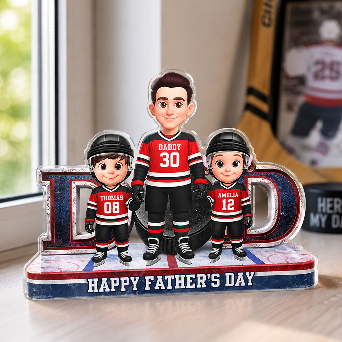 Hockey Dad And Kids Together Front View - Personalized Acrylic Block Plaque -  Gift For Dad, Husband