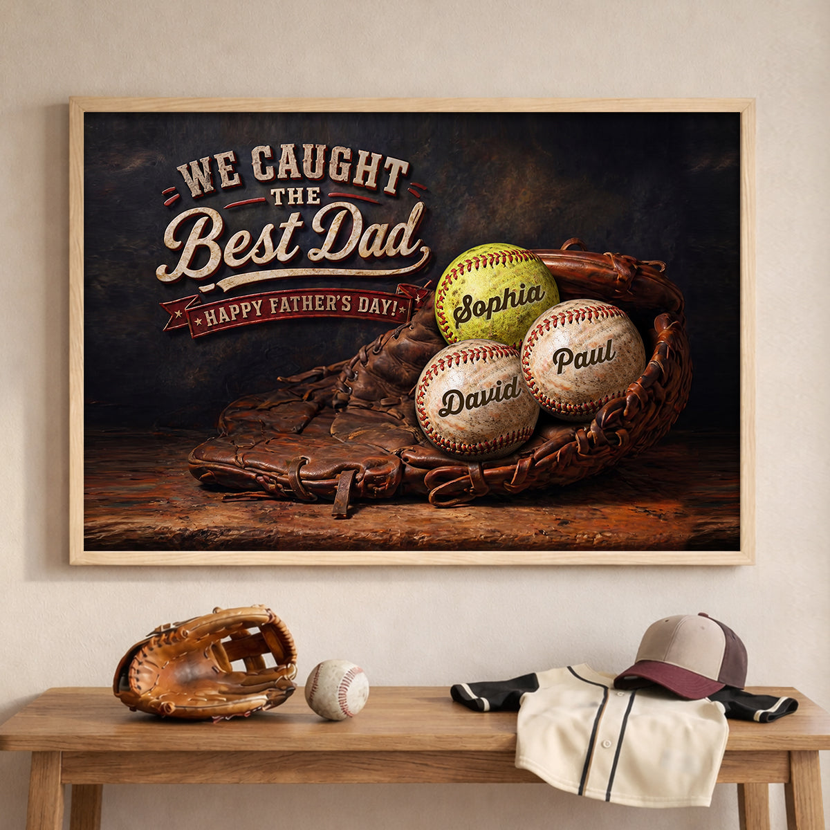 Vintage Baseball We Caught the Best Dad - Personalized Poster - Father's Day Gift for Husband, Dad
