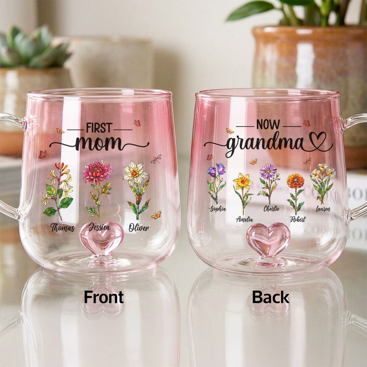 First Mom Now Grandma Custom Birth Flowers - Personalized Glass Mug - Mother's Day Gift for Mom, Grandma