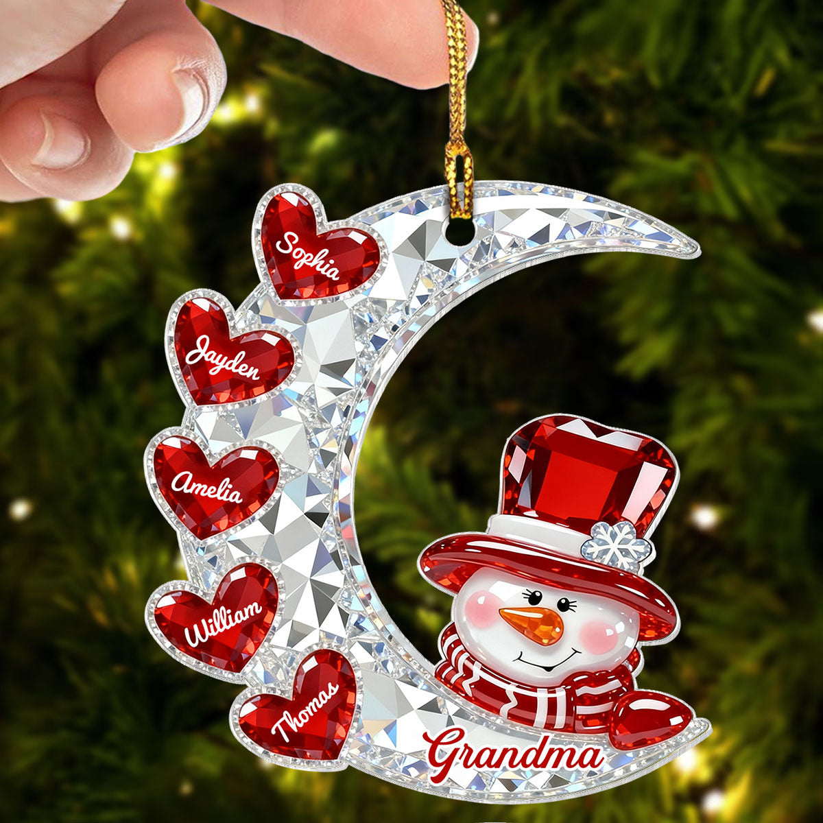 3D Effect Flat Snowman Grandma On Moon Grandkids Hearts Names - Personalized Acrylic Ornament - Gift For Grandma, Grandkids
