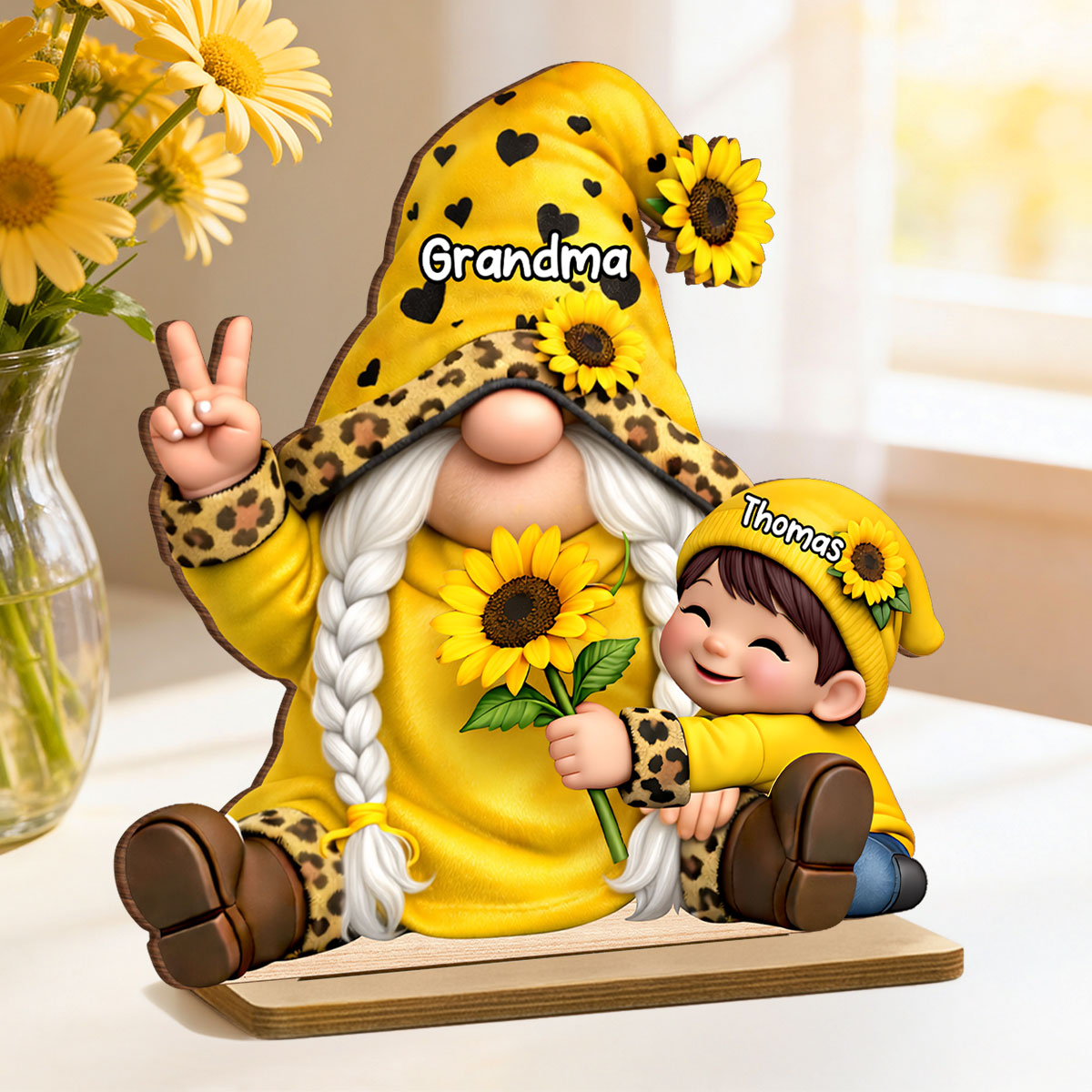 Gnome Grandma & Grandkids Sunflower - Personalized 2-Layered Wooden Plaque - Sentimental Mother's Day Gift for Grandma