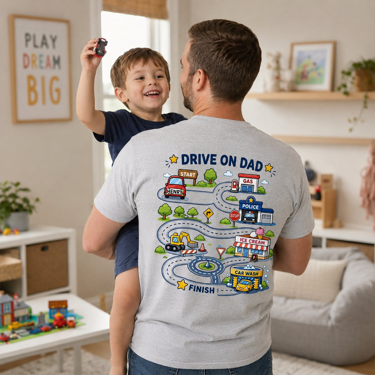 Drive On Dad Toddler Drives Toy Cars on City Road Map - Personalized Shirt - Father's Day Gift for Him