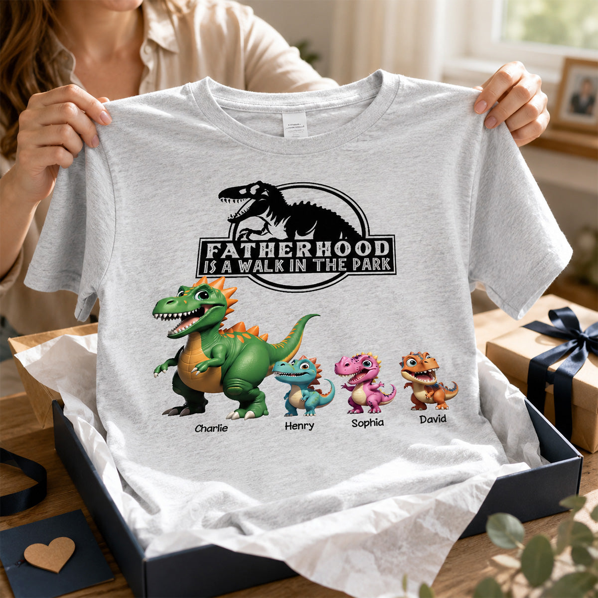 Fatherhood Is A Walk In The Park Custom Cartoon Dinosaurs - Personalized Shirt - Father's Day Gift For Husband, Dad