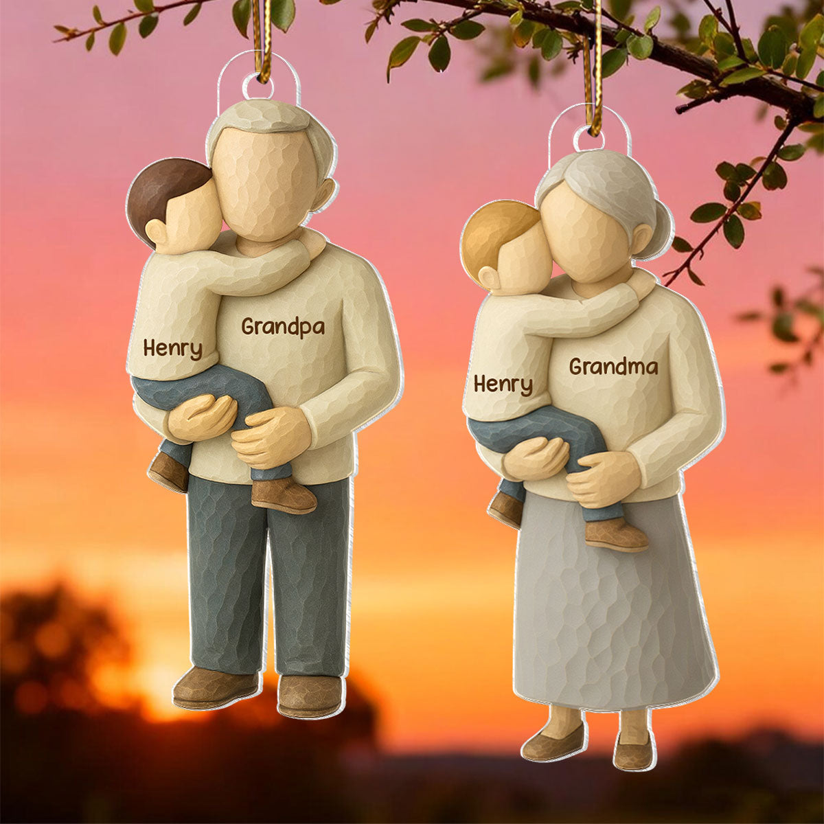 Grandparents Hugging Grandkid - Personalized Acrylic Ornament - Heartwarming Christmas Gift for Grandma Grandpa