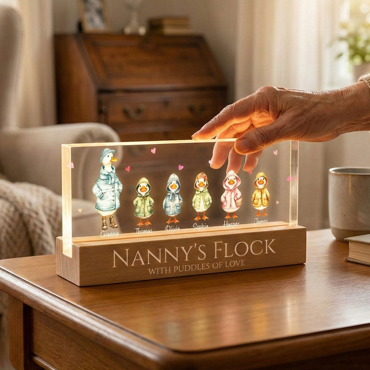 Nanny's Flock Gift For Grandma Nana Grammy Cute Watercolor Ducks - Personalised Acrylic Block LED Night Light - Mother's Day Gift