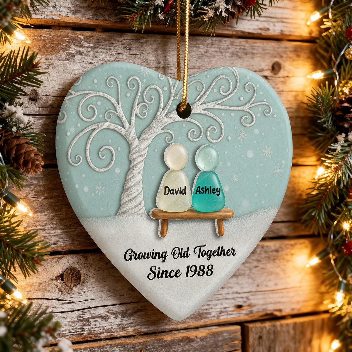 Growing Old Together Sea Glass Couple - Personalized Ceramic Ornament With Acrylic - Unique Gift for Couple, for Wife, for Husband