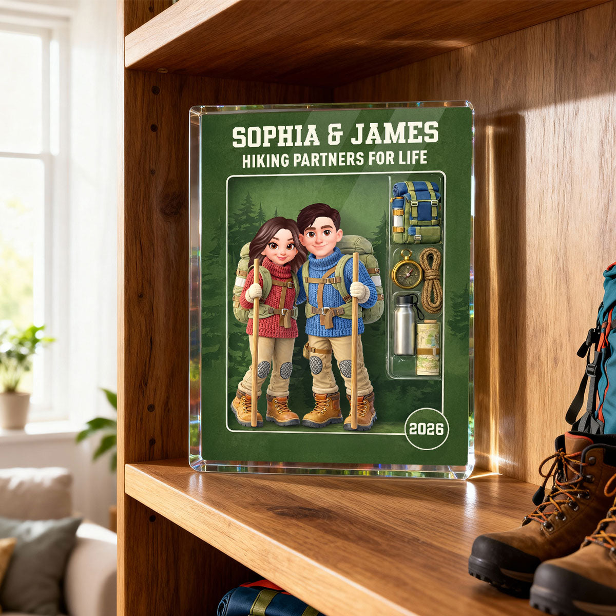 Hiking Couple Action Figure - Personalized Acrylic Block Plaque - Anniversary, Valentine's Day Gift, Gift For Him, Gift For Her