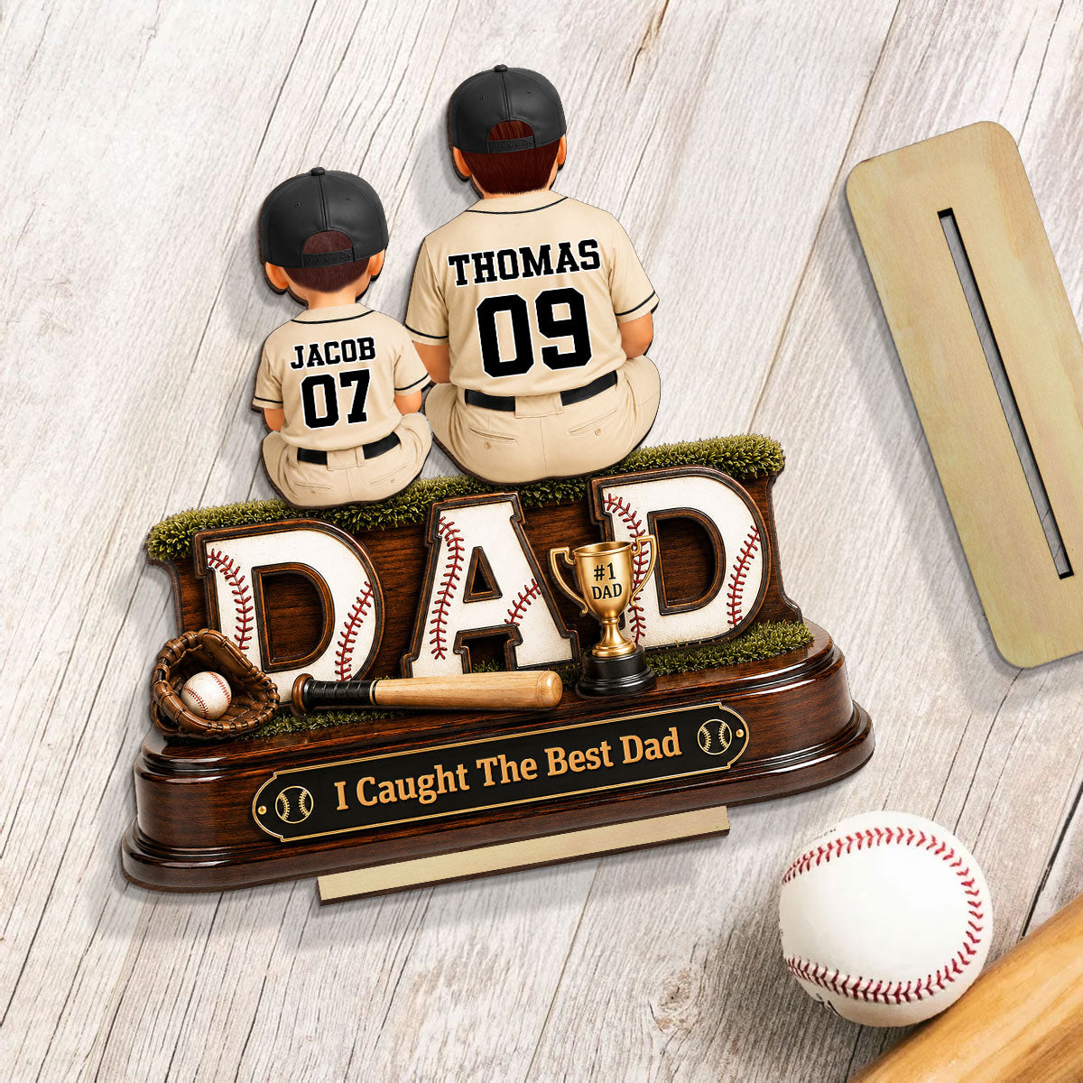 Baseball Dad and Children We Caught the Best Dad - Personalized 2-Layered Wooden Plaque -  Gift for Dad, Husband