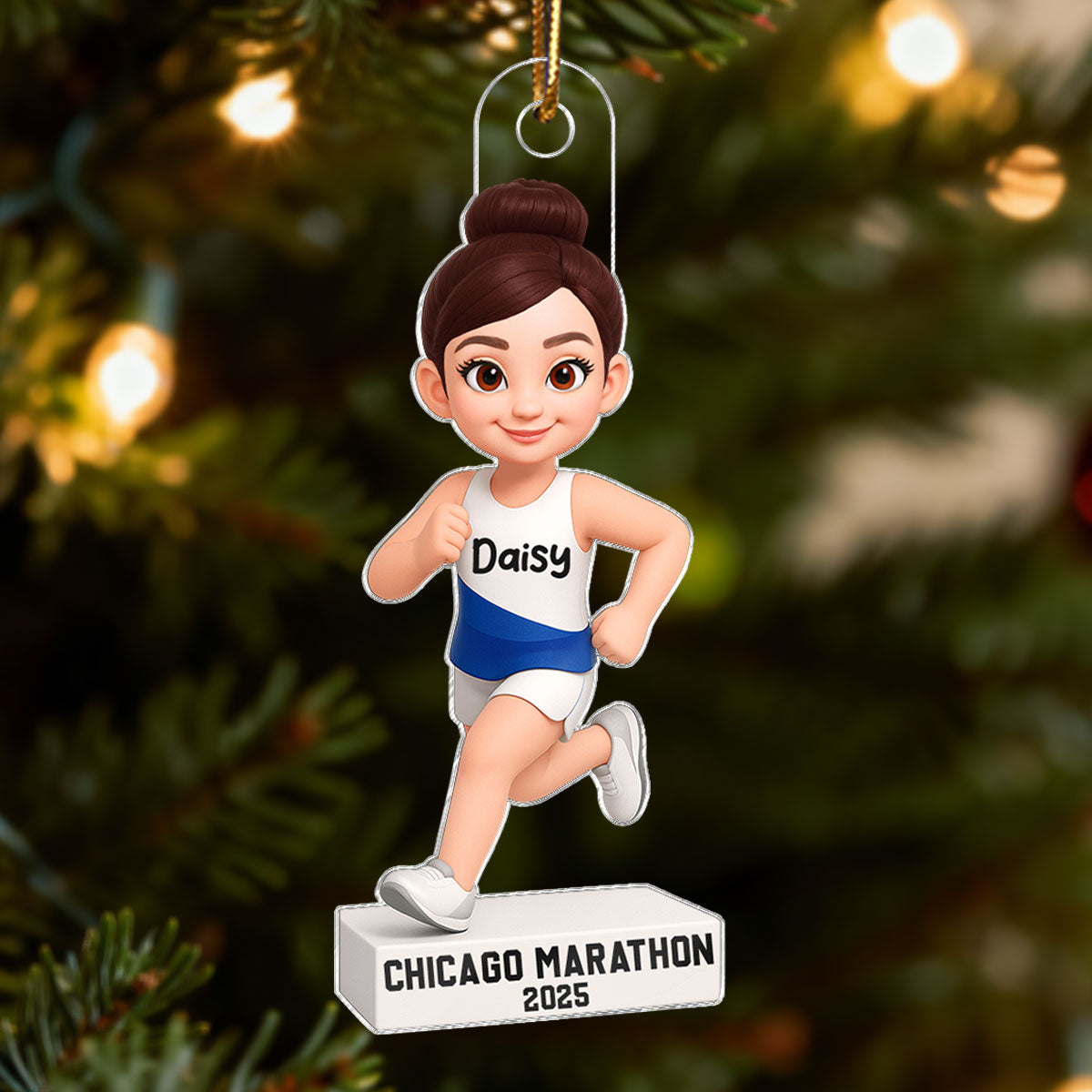 3D Effect Christmas Boy Girl Running - Personalized Acrylic Ornament - Gift For Runners, Running Lovers, Marathon Finishers, Grandson, Granddaughter