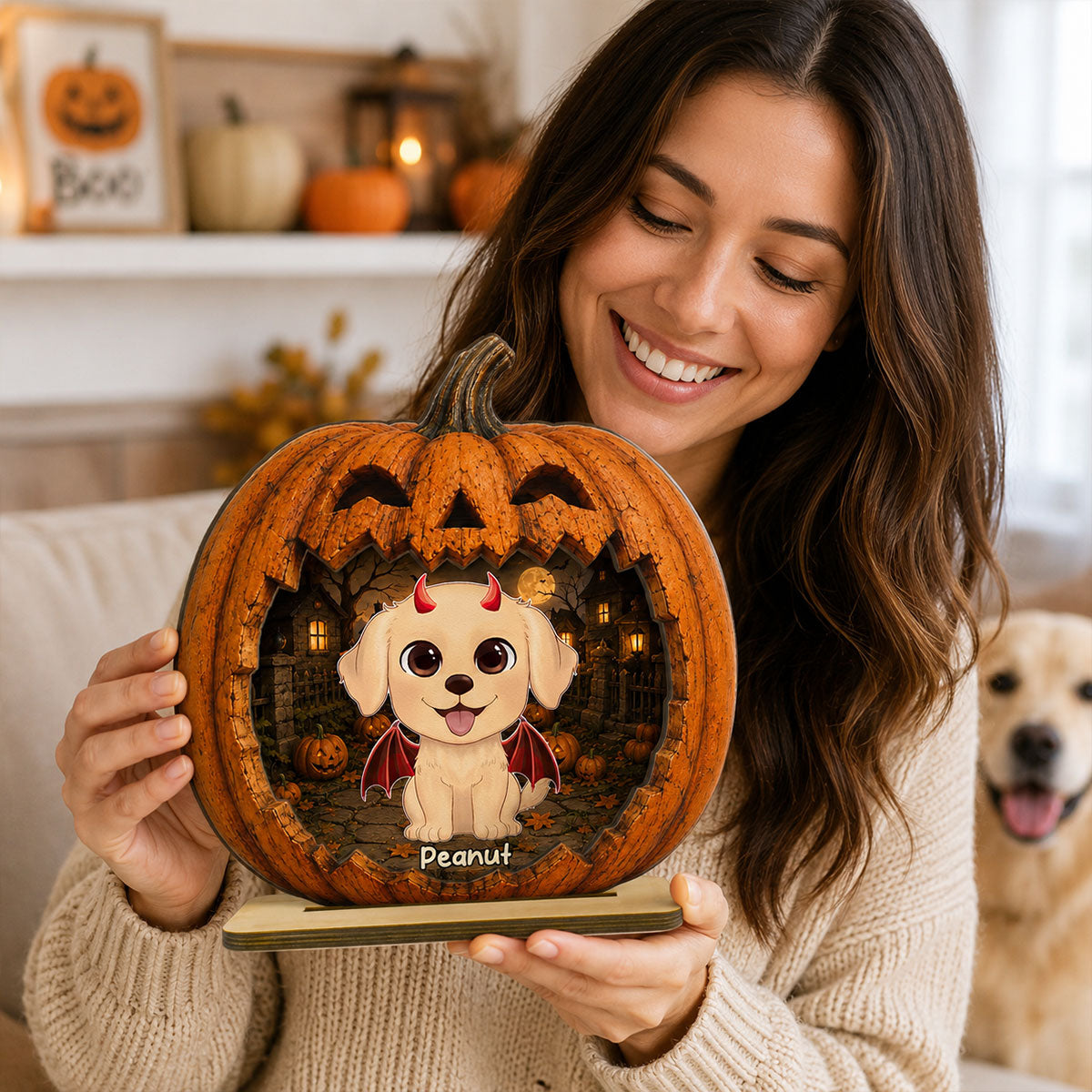Spooky Halloween Pumpkin Dogs - Personalized 2-Layered Wooden Plaque - Halloween Decor For Dog Lovers