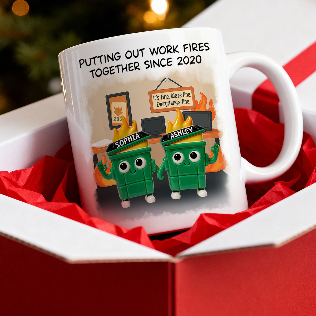 3D Effect Dumpster Fires In Office Scene - Personalized Mug - Funny Gift For Colleagues, Work Besties
