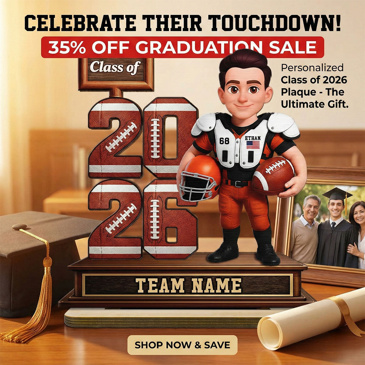 American Football Senior Class Of 2026 2027 - Personalized 2-Layered Wooden Plaque - Graduation Gift For Son, Daughter, Graduates
