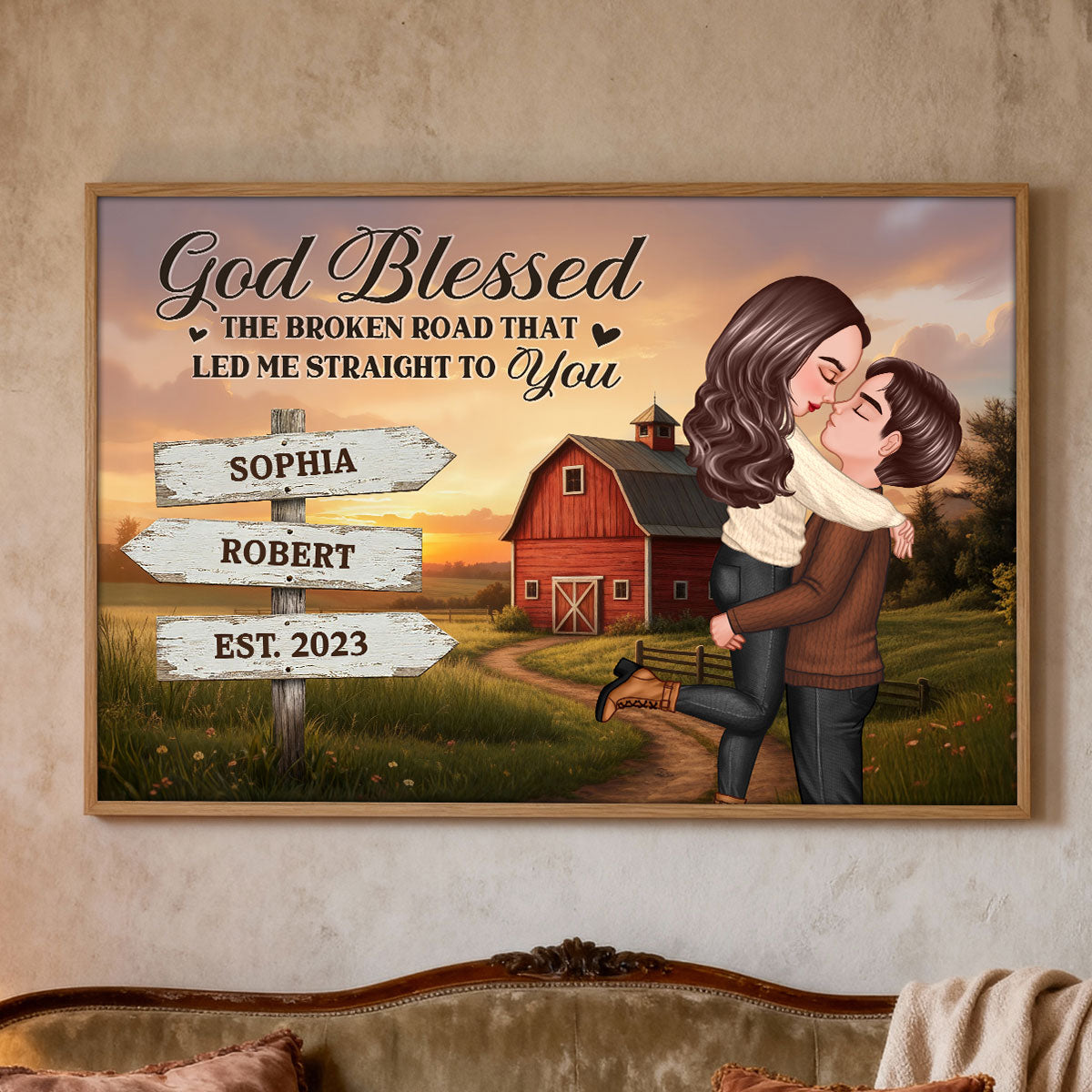 Rustic Nostalgia Red Barn House Sign Posts Couple Hugging Kissing Farmhouse Decor - Personalized Poster - Heartfelt Valentine, Anniversary Gift For Him, For Her