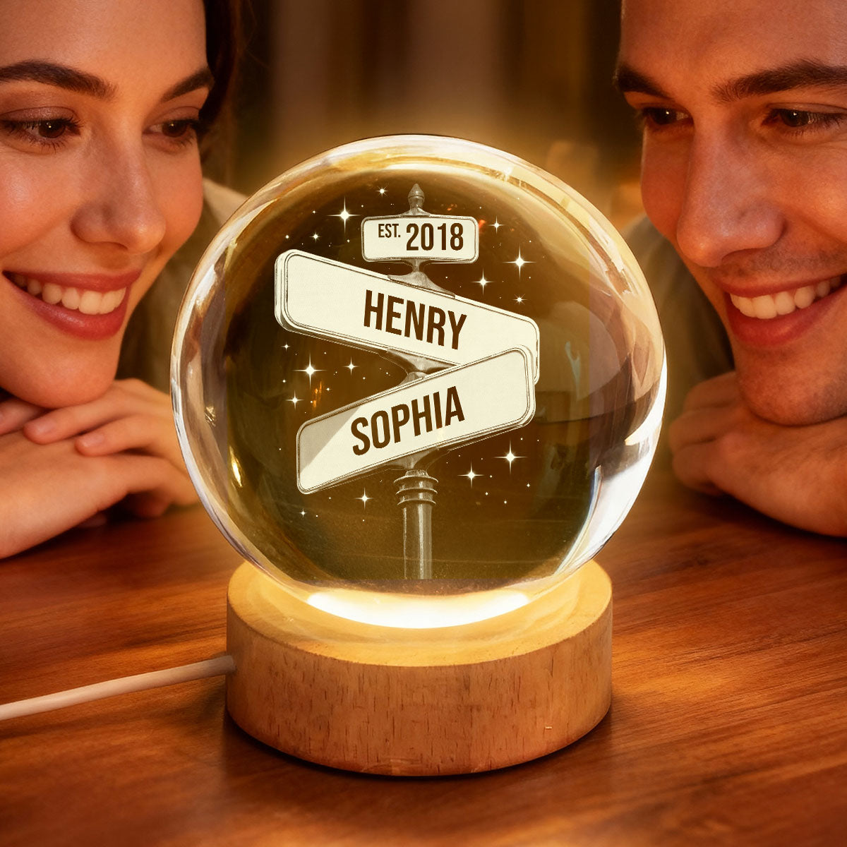 Custom Couple Street Sign - Personalized Crystal Ball LED Night Light - Sentimental Valentine's Day Gift for her, for him