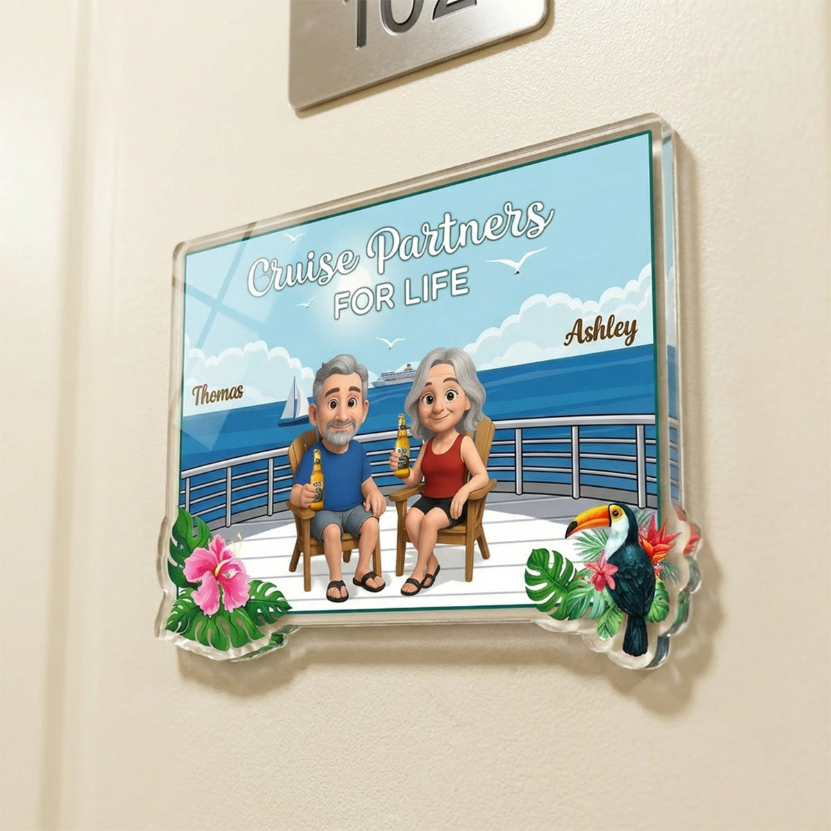 We're In Cruise Mode Old Cartoon Couple Sitting Cruise Deck - Personalized Cruise Cabin Door Magnet