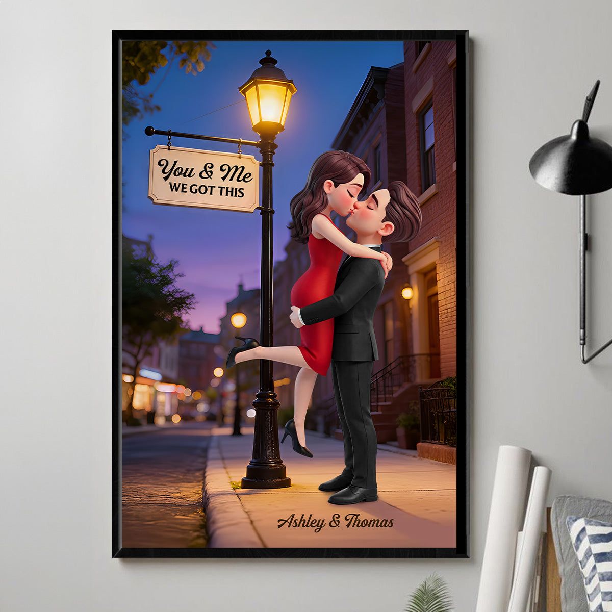 Eternal Love Couple Hugging Kissing Under Street Lamp Post - Personalized Poster - Valentine's Day Gift For Couple