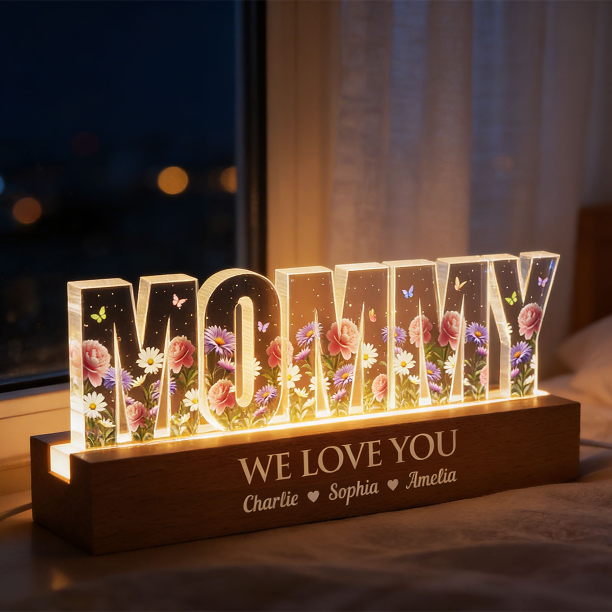 Custom Birth Month Flower Printed - Personalized Acrylic Block LED Night Light - Sentimental Mother's Day Gift for Mom, Grandma