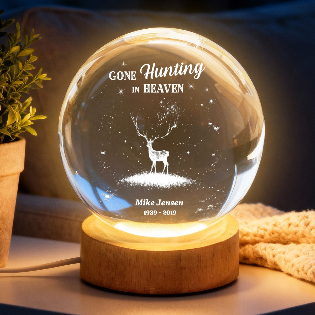 Gone Hunting In Heaven - Personalized Crystal Ball LED Night Light - Memorial Remembrance Keepsake For Hunting Lover