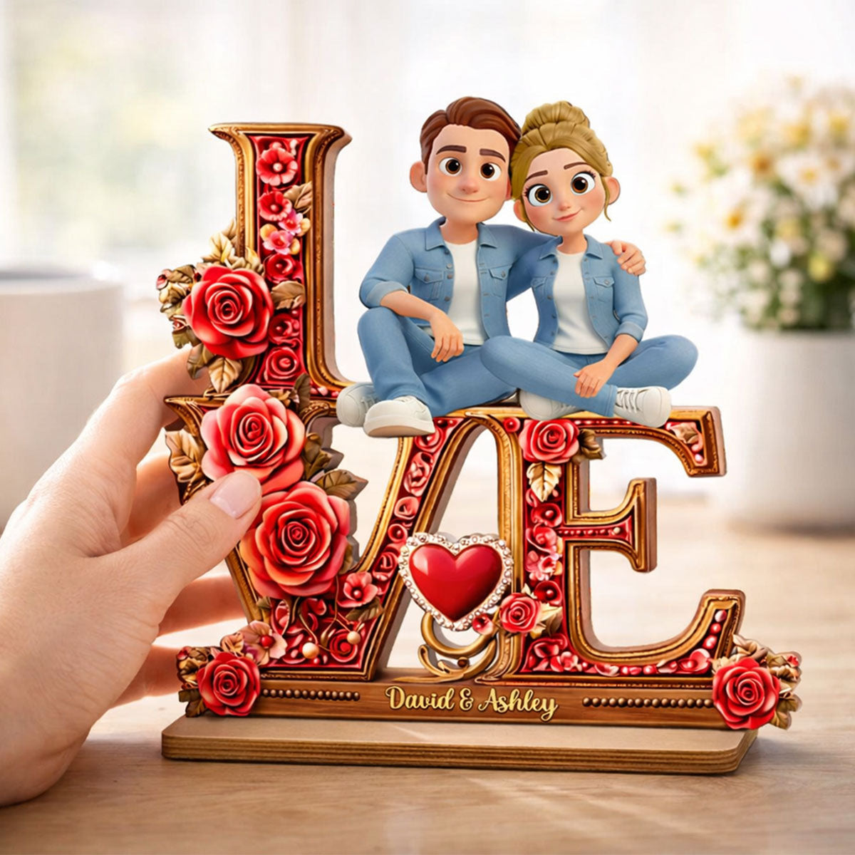 Couple Heart Rose Love - Personalized 2-Layered Wooden Plaque - Heartfelt Valentine's Day Gift for Her, for Him