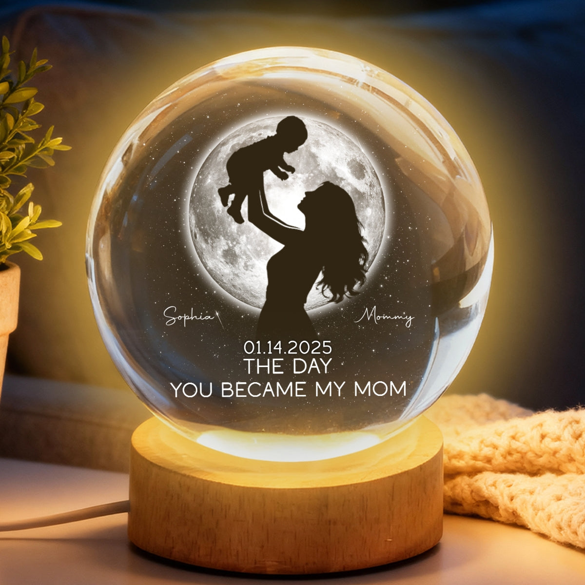 Mom Hugging Kid, The Day You Became My Mom Custom Moon Phase by Date - Personalized Crystal Ball LED Night Light - Mother's Day Gift for Mom